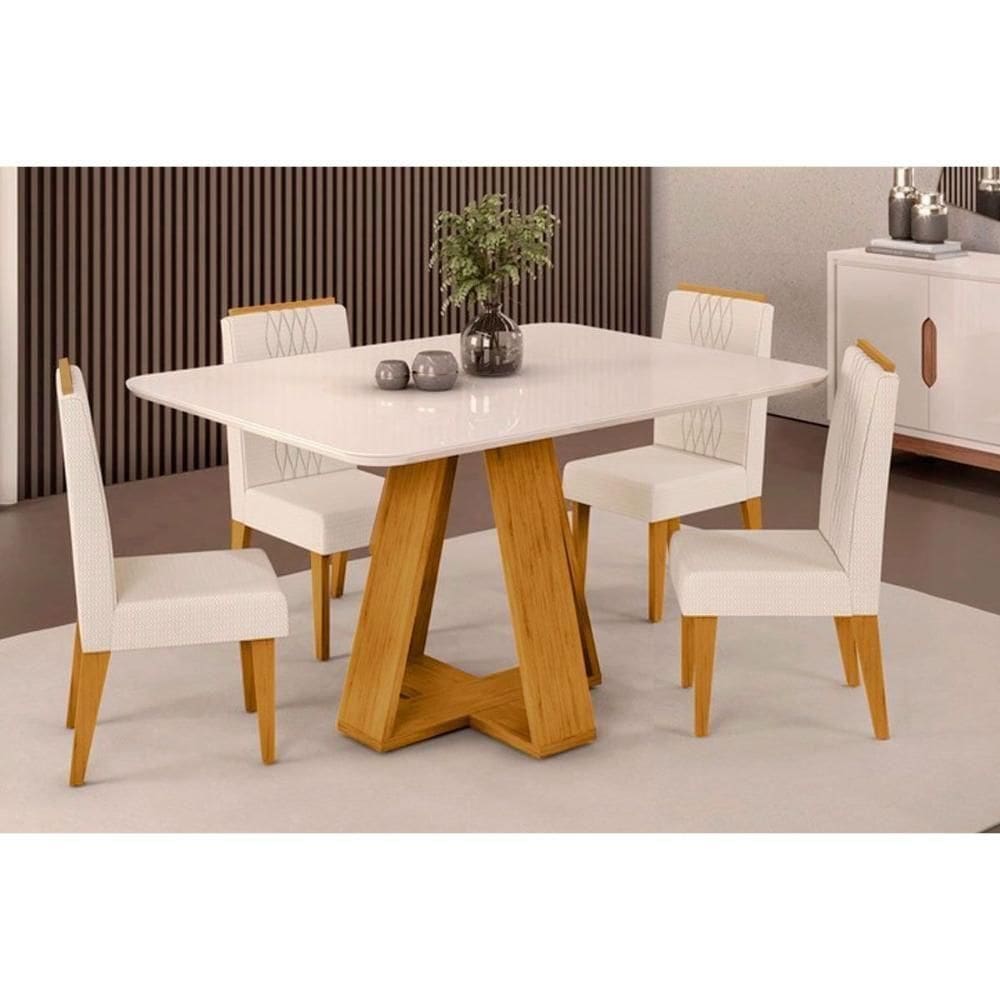 Sala De Jantar Completa Celeste Tampo Madeirado C- Vidro Curvo 120x90cm E 4 Cadeiras Lia Cedro-off White - Linho Neve - Dj Móveis