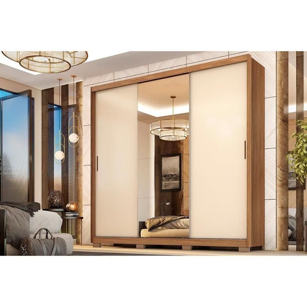 Guarda Roupa Casal 3 Portas De Correr (1 C- Espelho) E 2 Gavetas C- Pés Dalila Flex Amêndola-amêndola Ou Off White