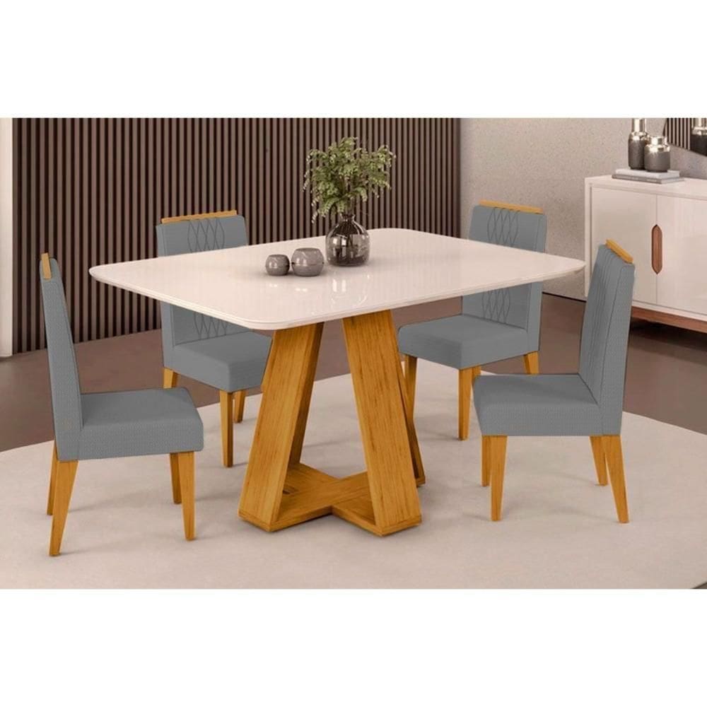 Sala De Jantar Completa Celeste Tampo Madeirado C- Vidro Curvo 120x90cm E 4 Cadeiras Lia Cedro-off White - Suede Lunar - Dj Móveis