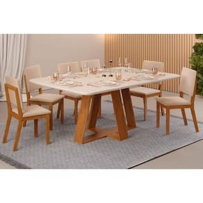 Sala De Jantar Completa Celeste Tampo Madeirado C- Vidro Retangular 160x90cm E 6 Cadeiras Talia Freijo-off White - Suede Creme - Dj Móveis