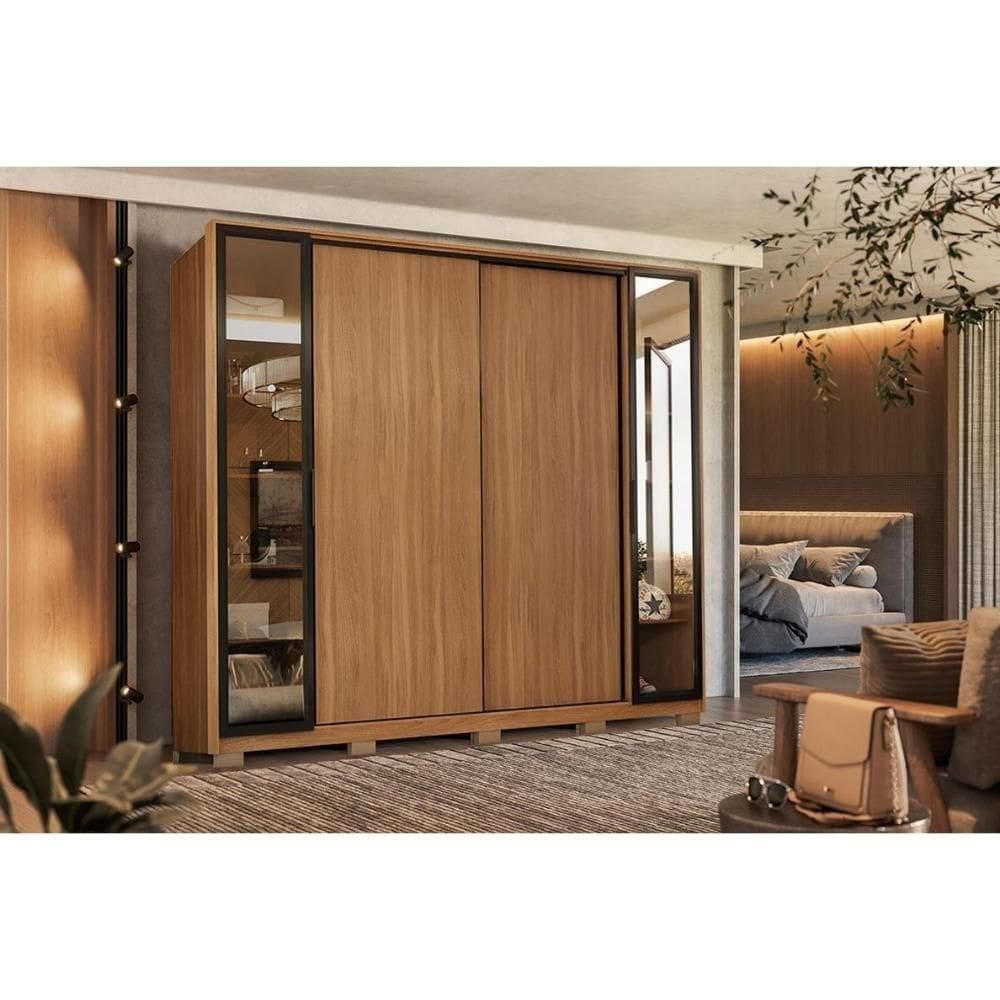 Guarda Roupa Solteiro 4 Portas De Correr E 4 Gavetas C- 2 Vidros Reflecta E Pés Laredo Flex Nogueira-nogueira Ou Nude