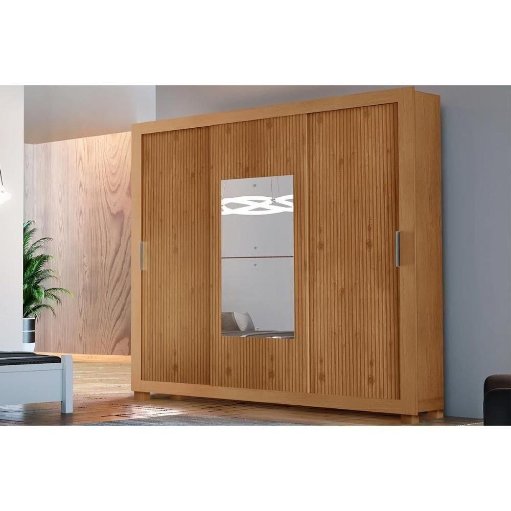 Guarda Roupa Casal 3 Portas De Correr E 4 Gavetas C- Espelho E Pés Veneza Premium Naturale-naturale Ripado 3d - Flex