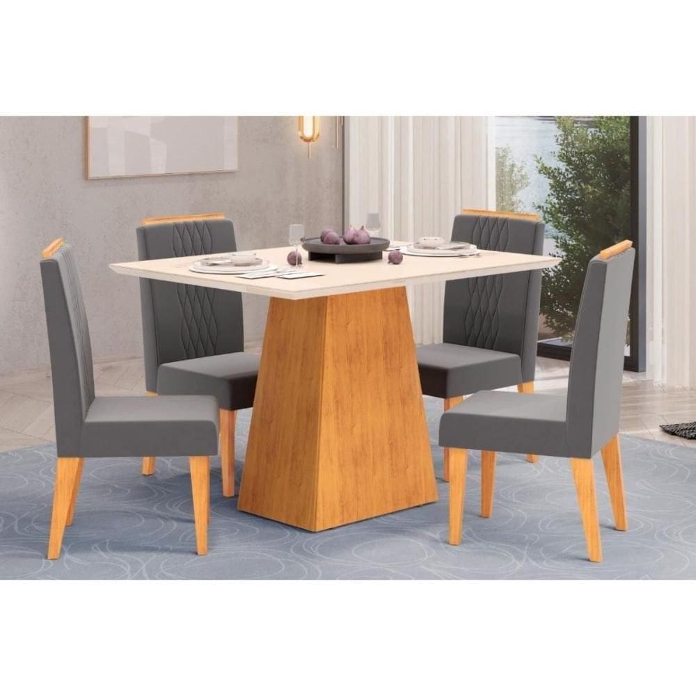 Sala De Jantar Completa Dulce Tampo Madeirado C- Vidro Reto 120x90cm E 4 Cadeiras Lia Cedro-off White - Suede Lunar - Dj Móveis