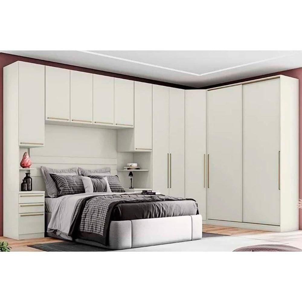 Quarto Casal Modulado Seletto 6 Peças (1 Ponte + 1 Closet Canto + 1 G Roupa 2ptas + 1 G Roupas 2ptas De Correr + 2 Complementos) Qm124 Areia - Henn
