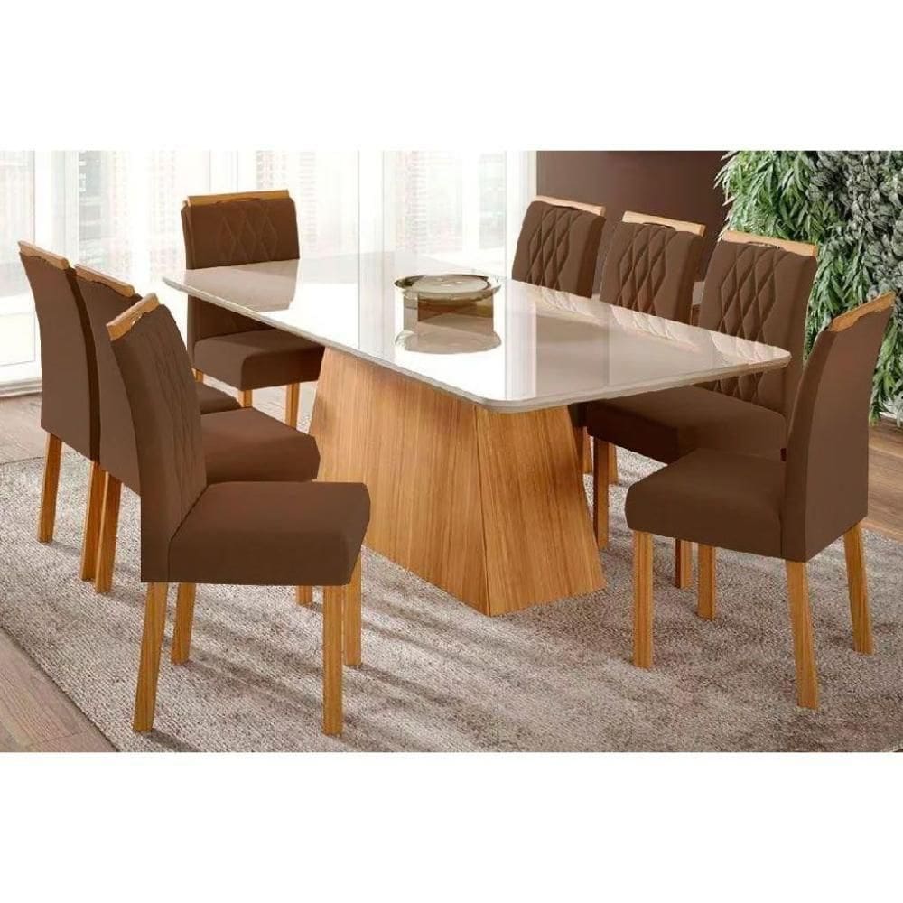 Sala De Jantar Completa Helena C- Tampo Madeirado C- Vidro 210x100cm E 8 Cadeiras Juliana Madeirado-suede Joli Capuccino - Cimol