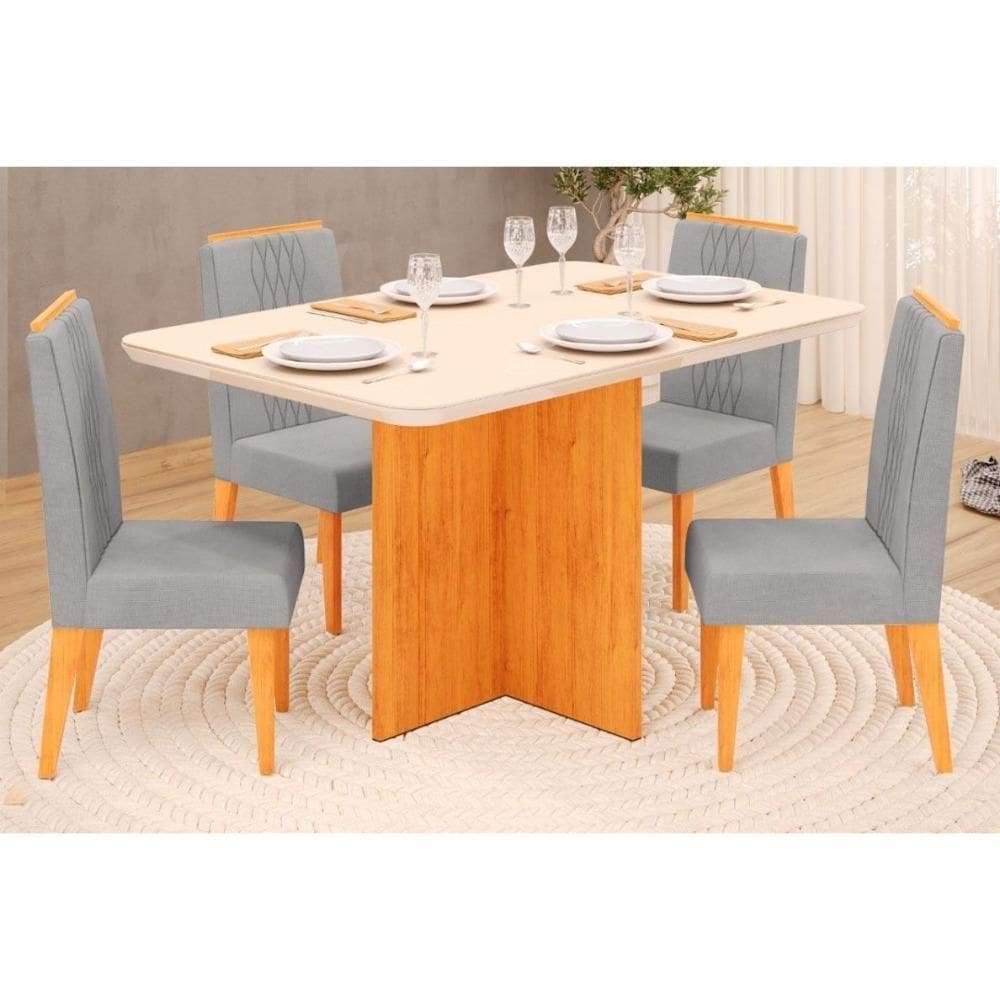 Sala De Jantar Completa Hera Tampo Madeirado C- Vidro Reto 120x90cm E 4 Cadeiras Lia Cedro-off White - Suede Lunar - Dj Móveis