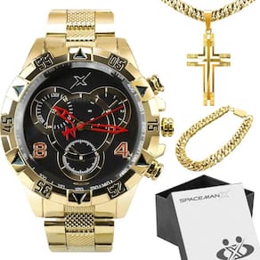 Corrente + Caixa + Relogio Masculino Aço Dourado Religioso