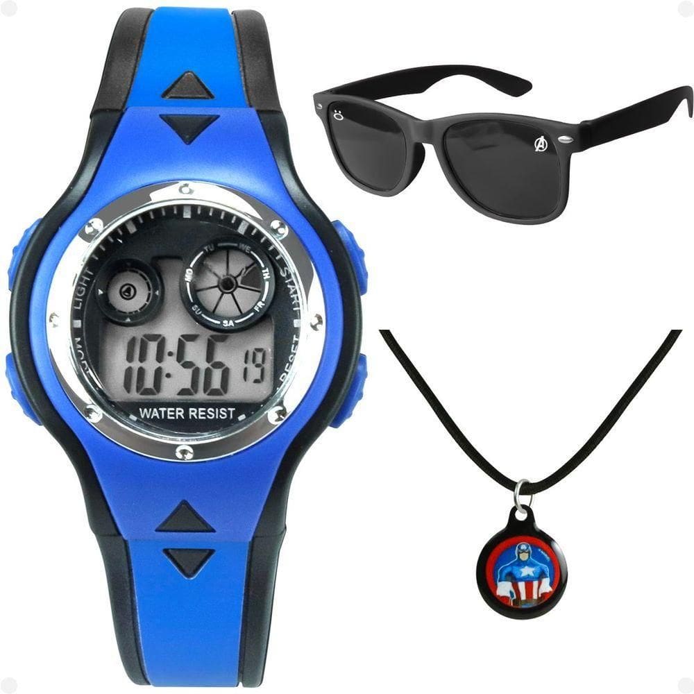 Relogio Digital Azul Infantil + Oculos Proteção Uv + Colar Social Silicone Led Presente Casual Preto