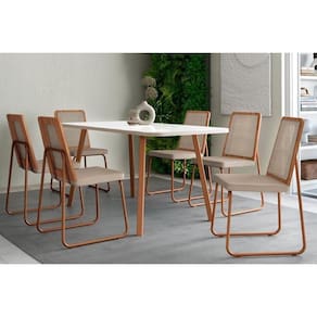 Sala De Jantar Completa Ariel Maior 1601 Tampo Madeirado C- Vidro 160x80cm E 6 Cadeiras Wood Rose-gelo-off White - Rose-freijo Tela-linho - Carraro