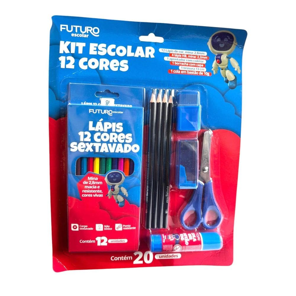 Kit 8 Lápis + Borracha +2 Apontador + 2 Tesoura + 2 Cola