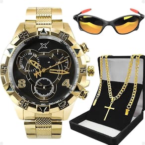 Relogio Masculino Dourado + Corrente Inoxidável Casual