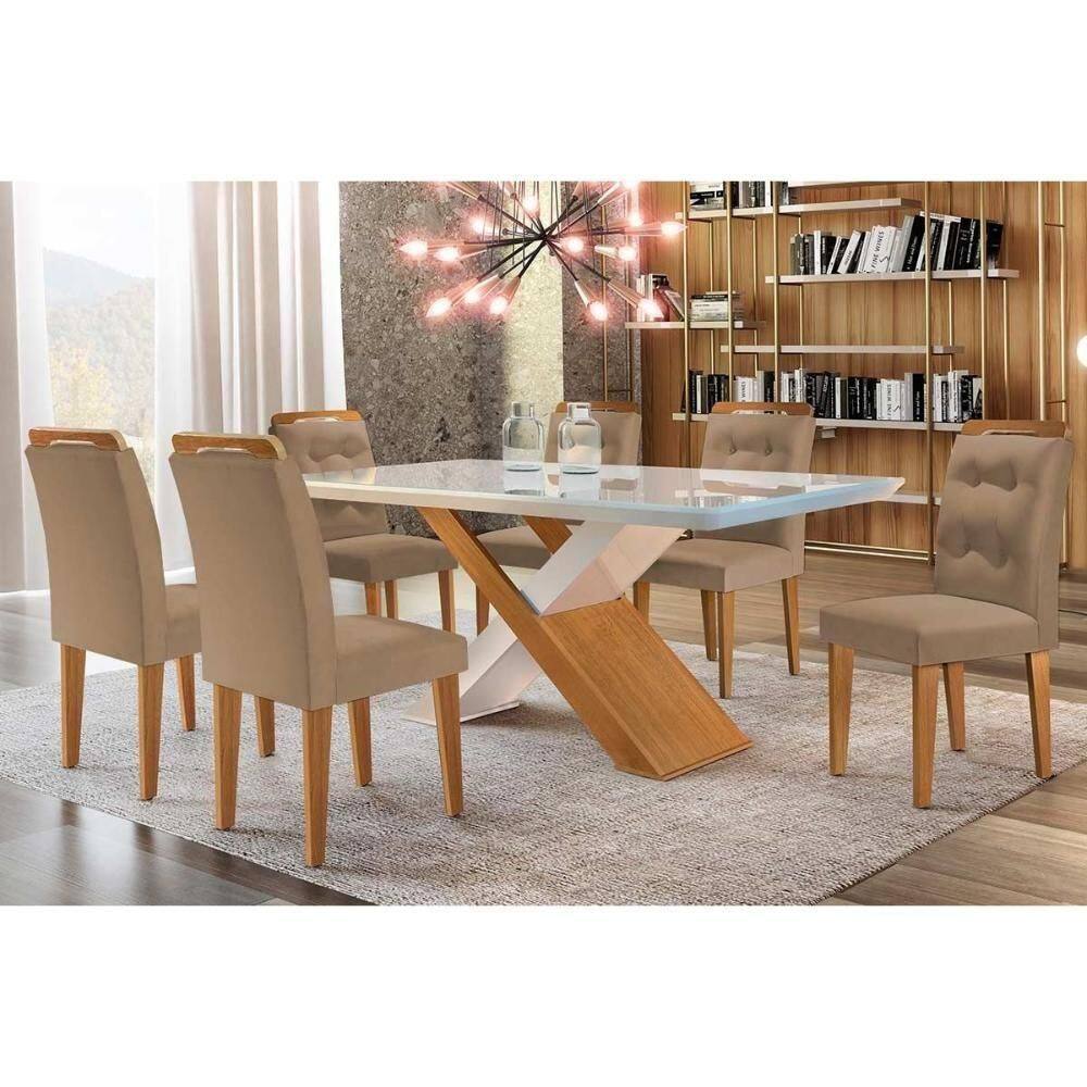 Sala De Jantar Completa Imperatriz Tampo Madeirado C- Vidro Curvo 180x90 E 6 Cadeiras Imperatriz Imbuia-off White - Suede Capuccino - Rufato