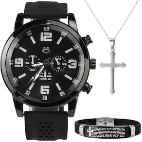 Relogio Masculino Aço Preto + Pulseira + Colar Crucifixo Presente Oração Pai Nosso Social Inoxidável