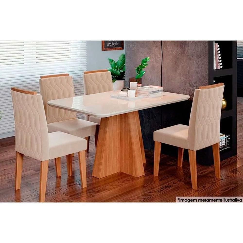 Sala De Jantar Completa Maite C- Tampo Madeirado C- Vidro Canto Curvo 130x80cm E 4 Cadeiras Paola Savana-nature-madeirado-suede Nude Bege - Cimol