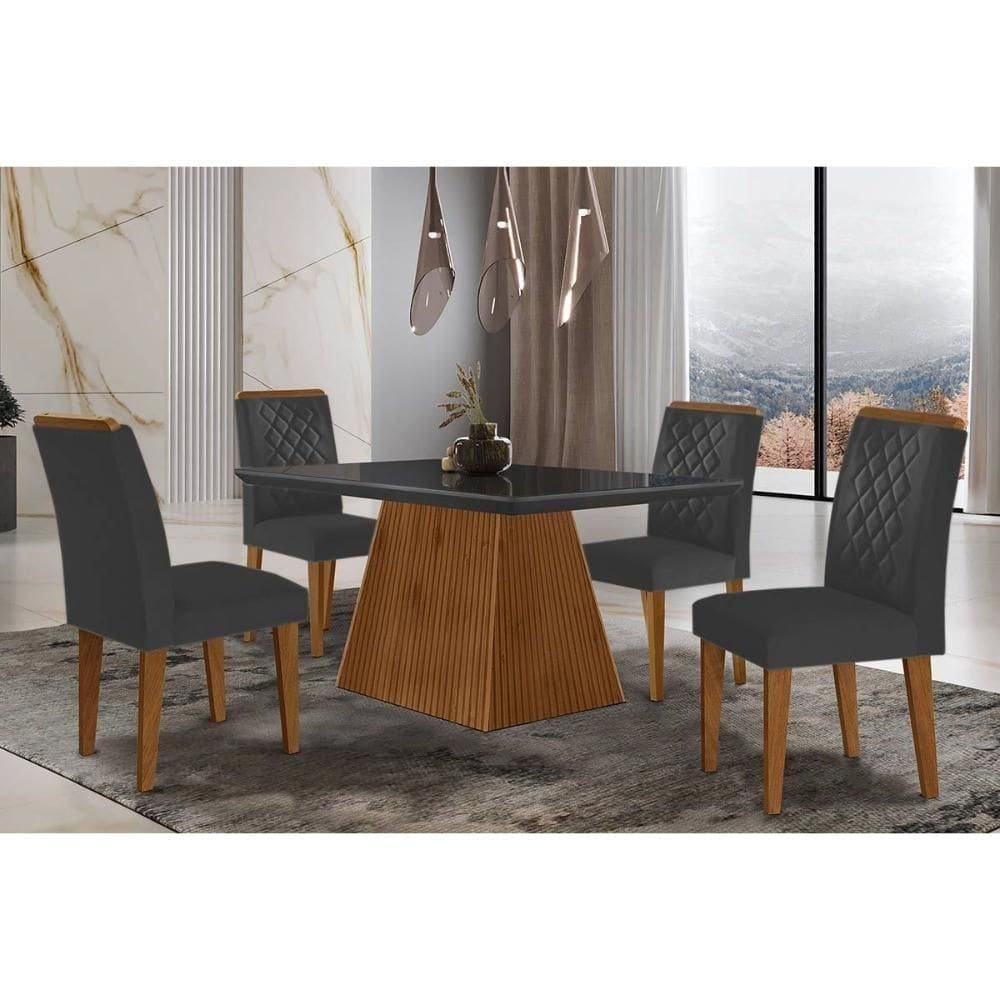 Sala De Jantar Completa Luna C- Tampo Madeirado C- Vidro Canto Curvo 120x80cm E 4 Cadeiras Jade Imbuia-grafite - Suede Grafite - Rufato
