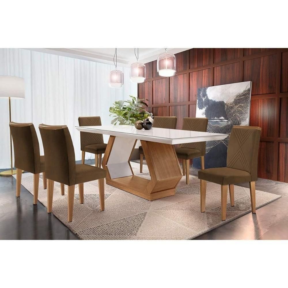 Sala De Jantar Completa Alvorada Tampo Madeirado C- Vidro Canto Reto 180x90cm E 6 Cadeiras Amsterdã Imbuia-off White - Veludo Marrom - Rufato