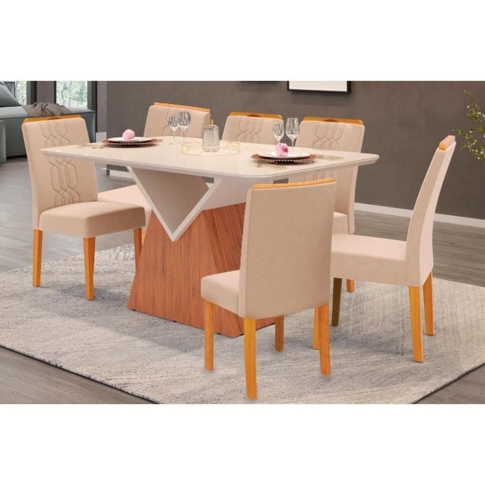 Sala De Jantar Completa Argo Tampo Madeirado C- Vidro Curvo 136x90cm E 6 Cadeiras Zoe Freijo-off White - Suede Creme - Dj Móveis