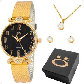 Relogio Dourado Feminino Banhado + Caixa + Colar Brincos Presente Qualidade Premium Mostrador Preto