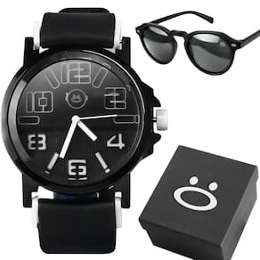 Relogio Masculino Preto Aço Inoxidável + Oculos Sol + Caixa Ajustavel Presente Preto Ponteiro Branco