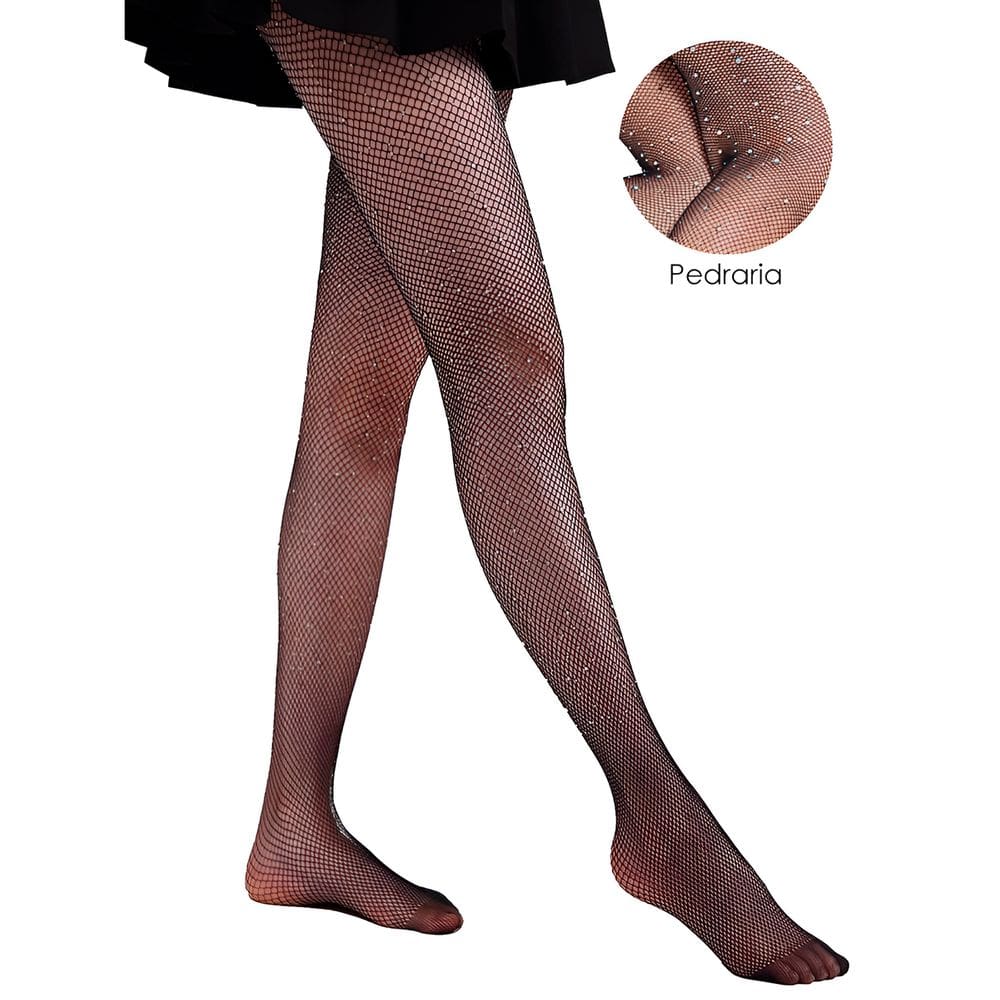Meia Calça Arrastão Preta com Strass Feminina Roupa