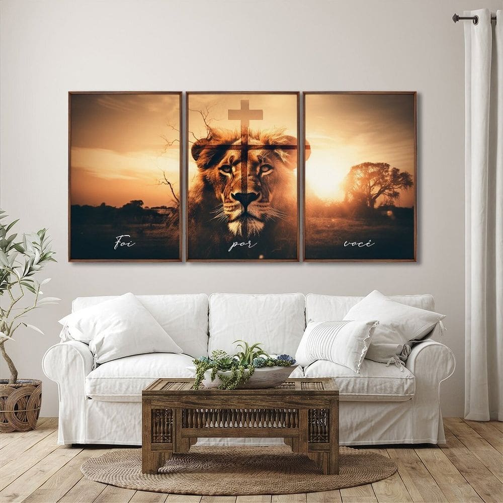 Quadro Decorativo Religioso Foi por Você Cruz e Leão 3 Telas de Parede para Escritório Banheiro Hall Marrom
