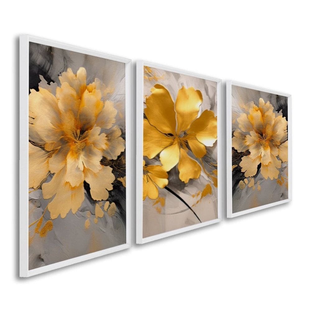 Quadro Decorativo Floral Amarelo com 3 Telas de Parede para Sala Quarto Escritório 60cm X 90cm Branco