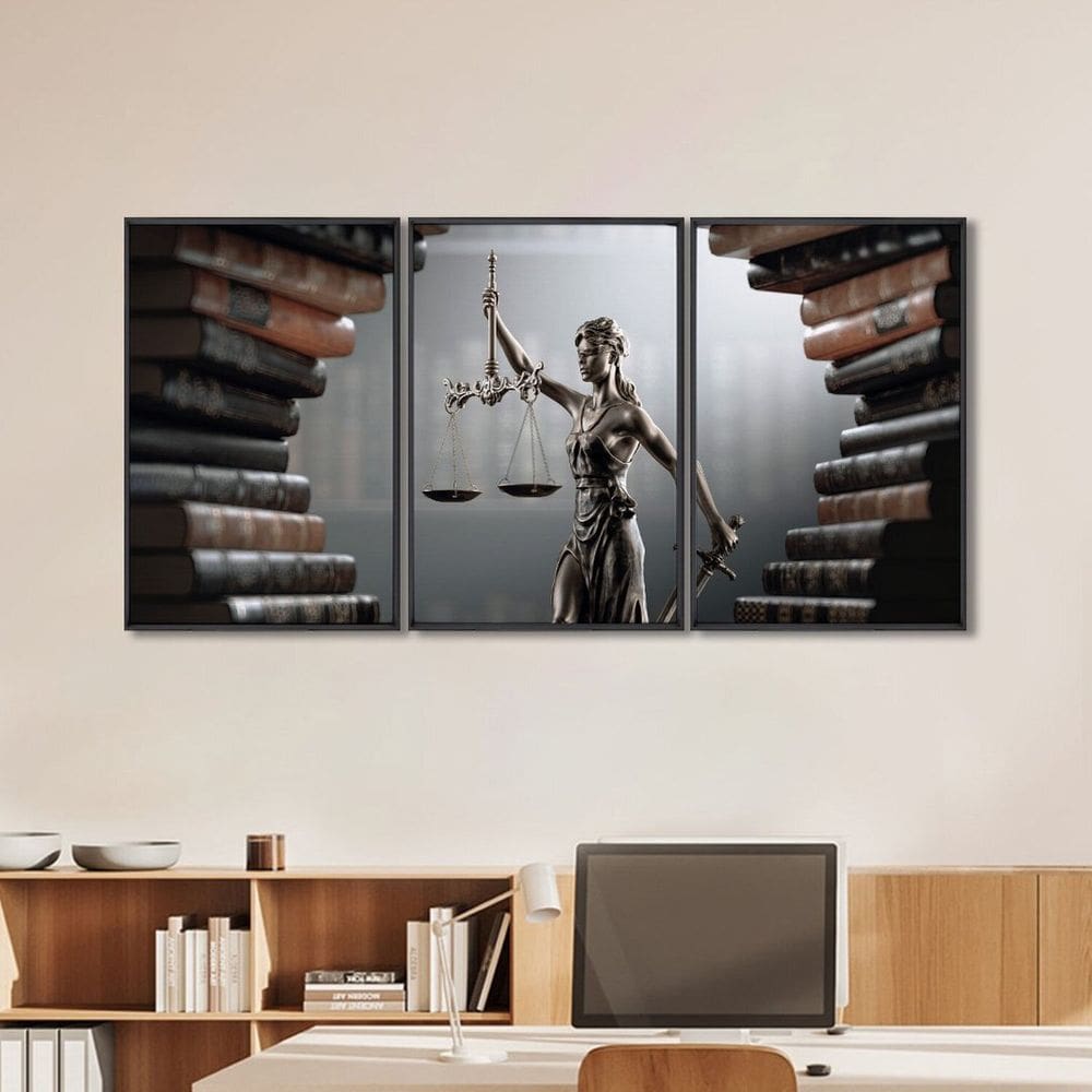Quadro Decorativo Temático Direito Livros com 3 Telas para Banheiro Escritório Sala Preto