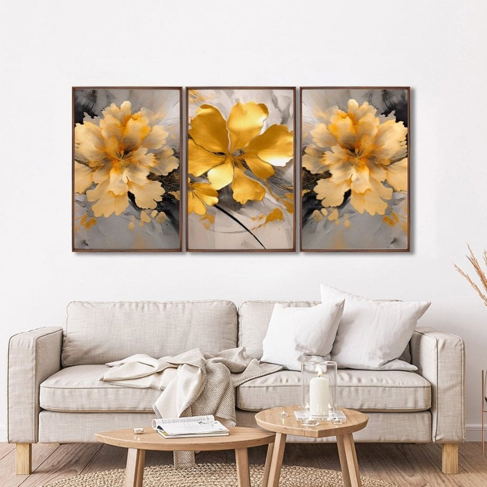 Quadro Decorativo Floral Amarelo com 3 Telas de Parede para Sala Quarto Escritório 60cm X 90cm Marrom