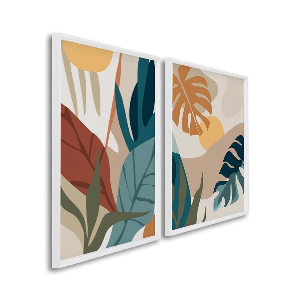 Quadro Decorativo Paisagem Tropical Plantas e Folhas com 2 Telas de Parede para Sala Quarto Escritór Branco
