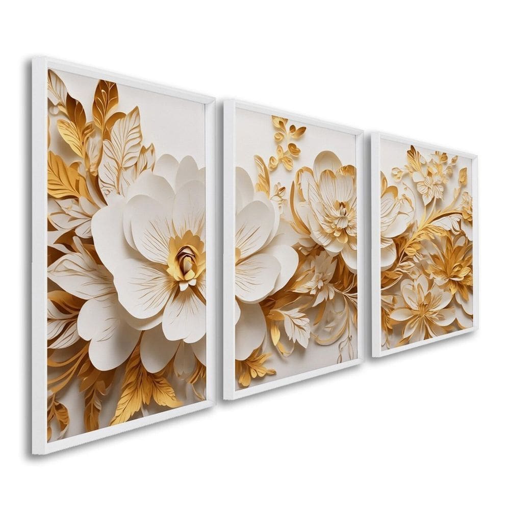 Quadro Decorativo Floral Delicado Flores Brancas e Amarelas com 3 Telas de Parede para Sala Quarto e Branco