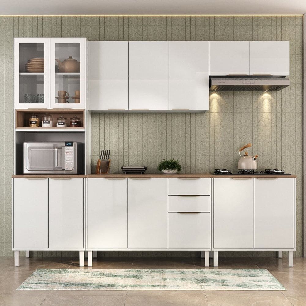 Cozinha Completa em Aço 5 Peças 14 Portas 2 Gavetas Paneleiro Duplo Espaço para Forno Branco Neve