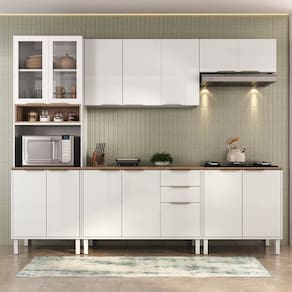 Cozinha Completa em Aço 5 Peças 14 Portas 2 Gavetas Paneleiro Duplo Espaço para Forno Branco Neve