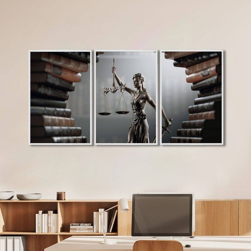 Quadro Decorativo Temático Direito Livros com 3 Telas para Banheiro Escritório Sala Branco