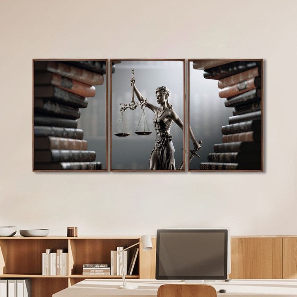 Quadro Decorativo Temático Direito Livros com 3 Telas para Banheiro Escritório Sala Marrom