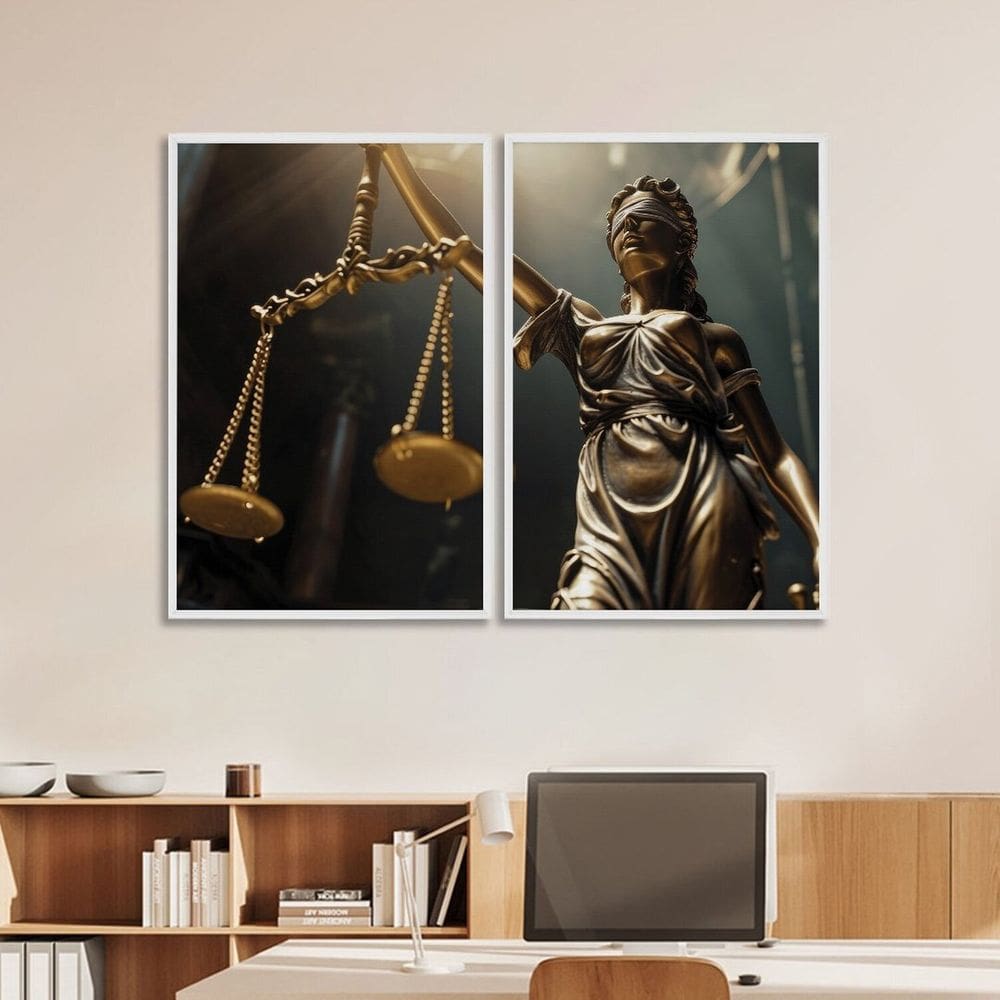 Quadro Decorativo Temático Direito Balança da Justiça com 2 Telas de Parede para Escritório Sala Hal Branco