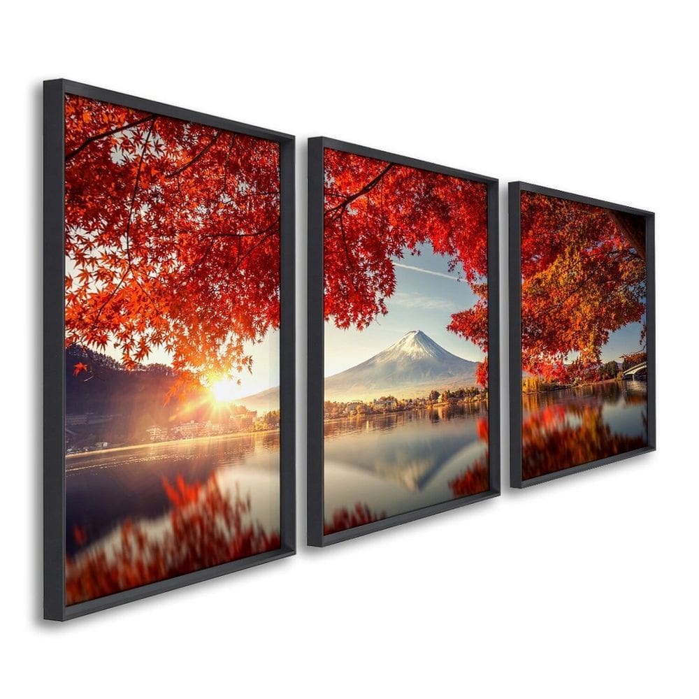 Quadro Decorativo Paisagem Montanhas e Flores Vermelhas com 3 Telas de Parede para Sala Quarto Escri Preto