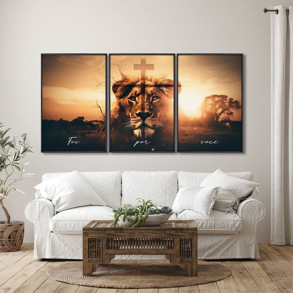 Quadro Decorativo Religioso Foi por Você Cruz e Leão 3 Telas de Parede para Escritório Banheiro Hall Preto