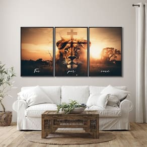 Quadro Decorativo Religioso Foi por Você Cruz e Leão 3 Telas de Parede para Escritório Banheiro Hall Preto