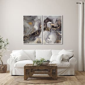 Quadro Decorativo Ouro e Cinza com 2 Telas de Parede para Sala Quarto Escritório 60cm X 90cm Branco