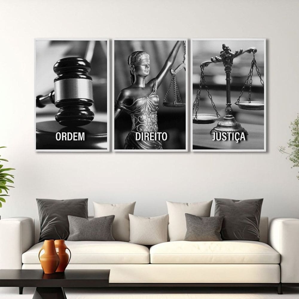 Quadro Decorativo Temático Direito Deusa da Justiça com 3 Telas para Escritório Sala Lavabo Branco