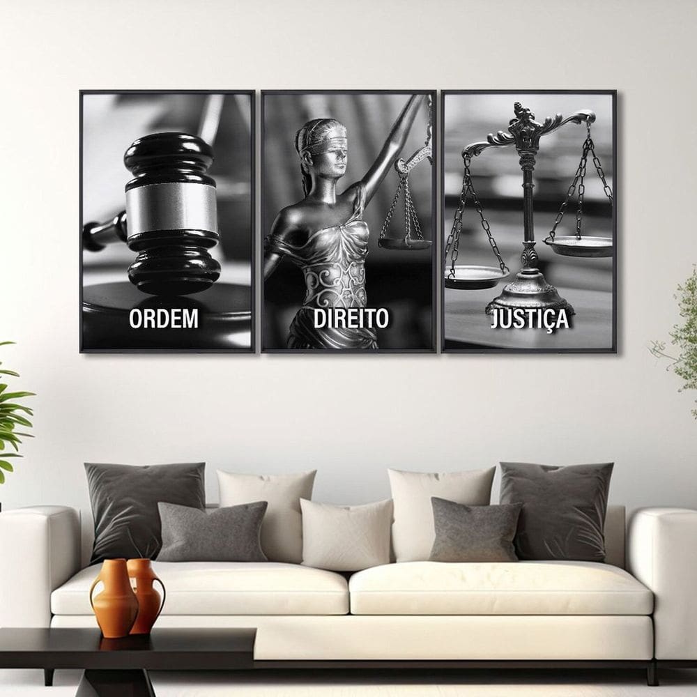 Quadro Decorativo Temático Direito Deusa da Justiça com 3 Telas para Escritório Sala Lavabo Preto