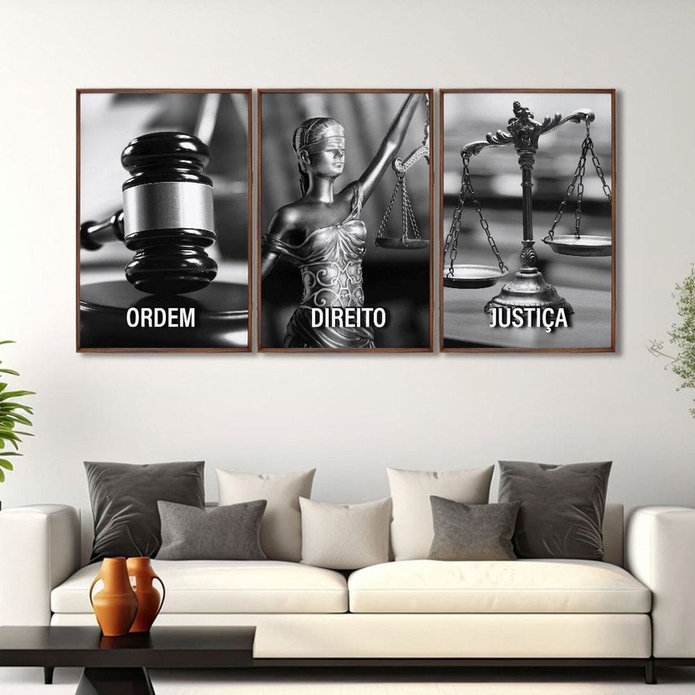 Quadro Decorativo Temático Direito Deusa da Justiça com 3 Telas para Escritório Sala Lavabo Marrom