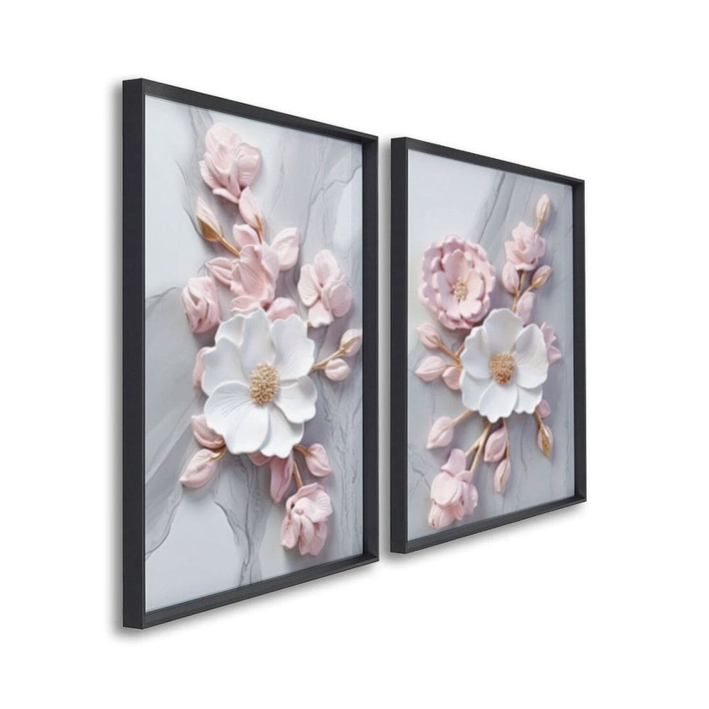 Quadro Decorativo Floral Flor de Porcelana com 2 Telas de Parede para Sala Quarto Escritório 60cm x Preto