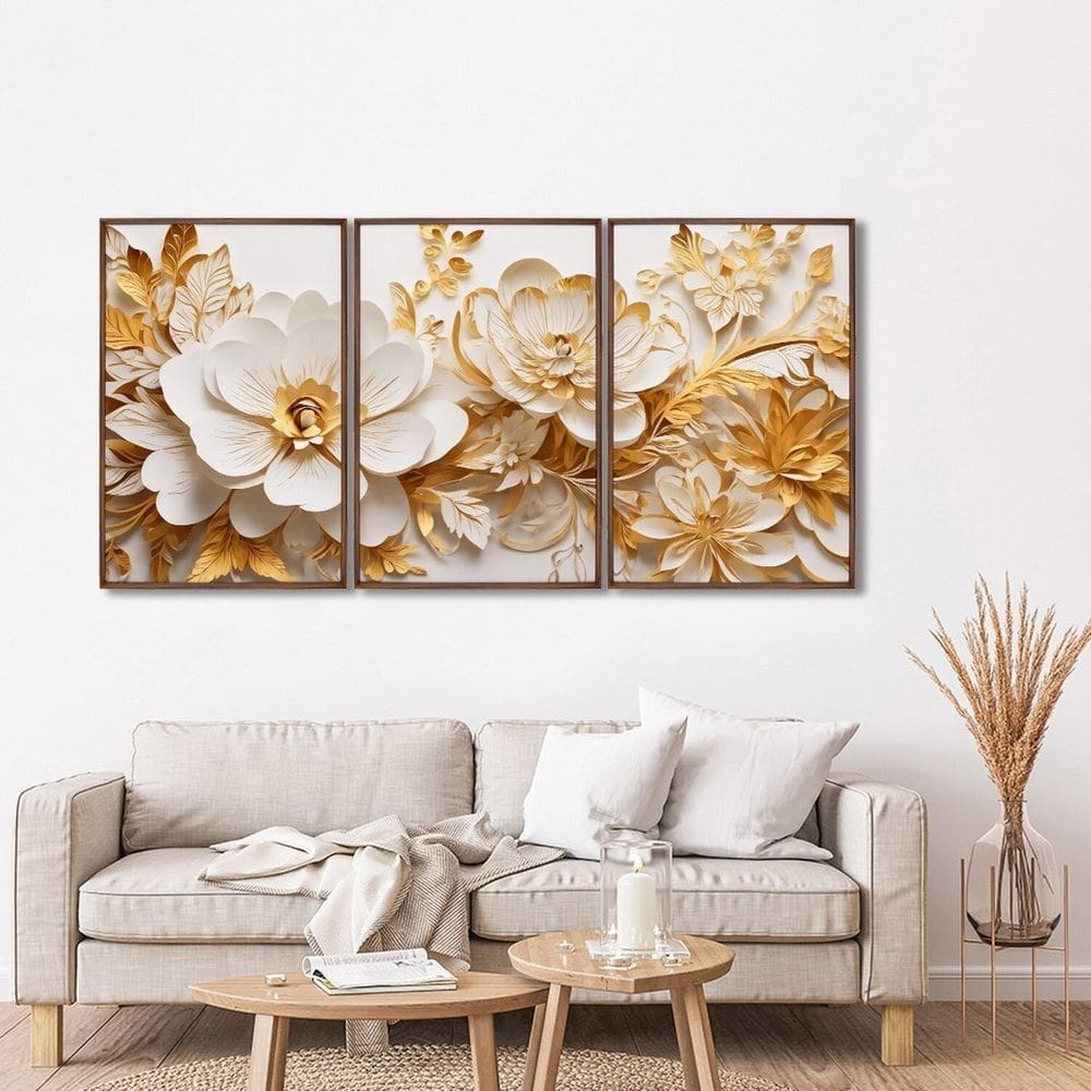 Quadro Decorativo Floral Delicado Flores Brancas e Amarelas com 3 Telas de Parede para Sala Quarto e Marrom
