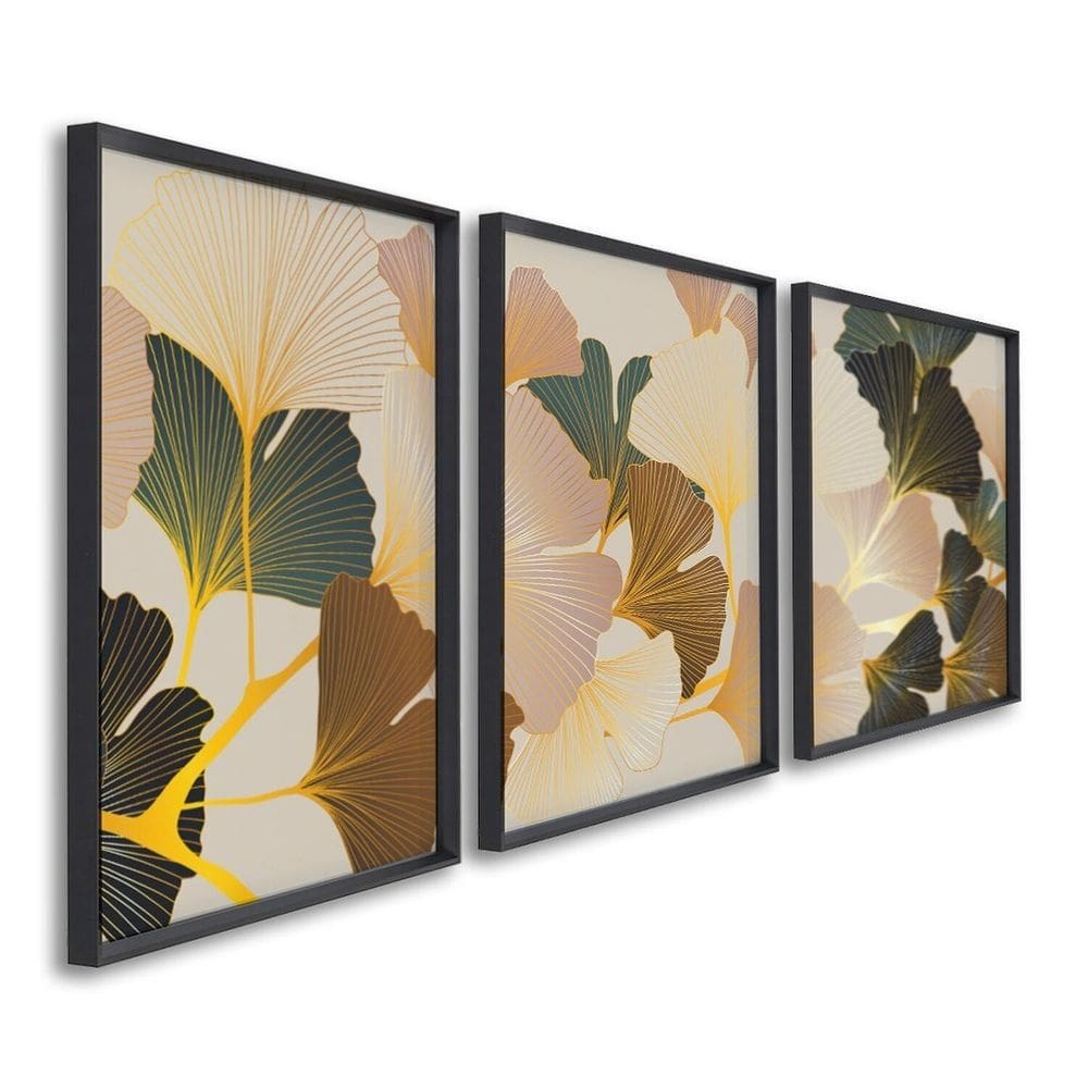 Quadro Decorativo Floral Flores Tropicais com 3 Telas de Parede para Sala Quarto Escritório 60cm X 9 Preto