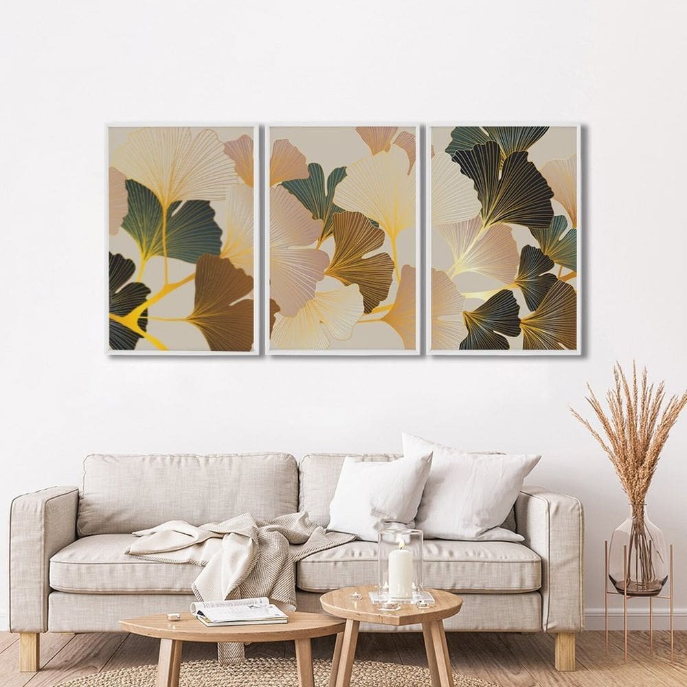 Quadro Decorativo Floral Flores Tropicais com 3 Telas de Parede para Sala Quarto Escritório 60cm X 9 Branco