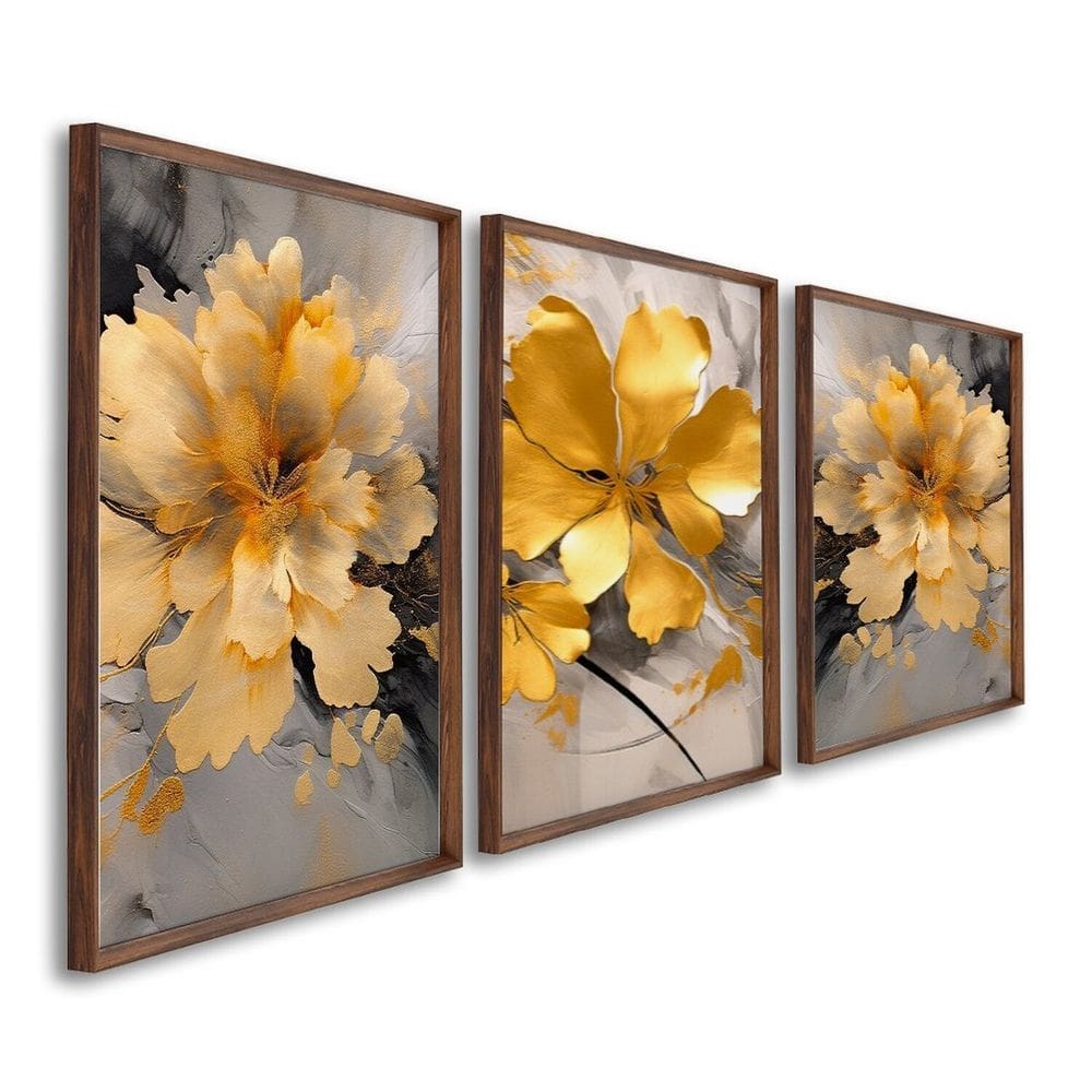 Quadro Decorativo Floral Amarelo com 3 Telas de Parede para Sala Quarto Escritório 60cm X 90cm Marrom