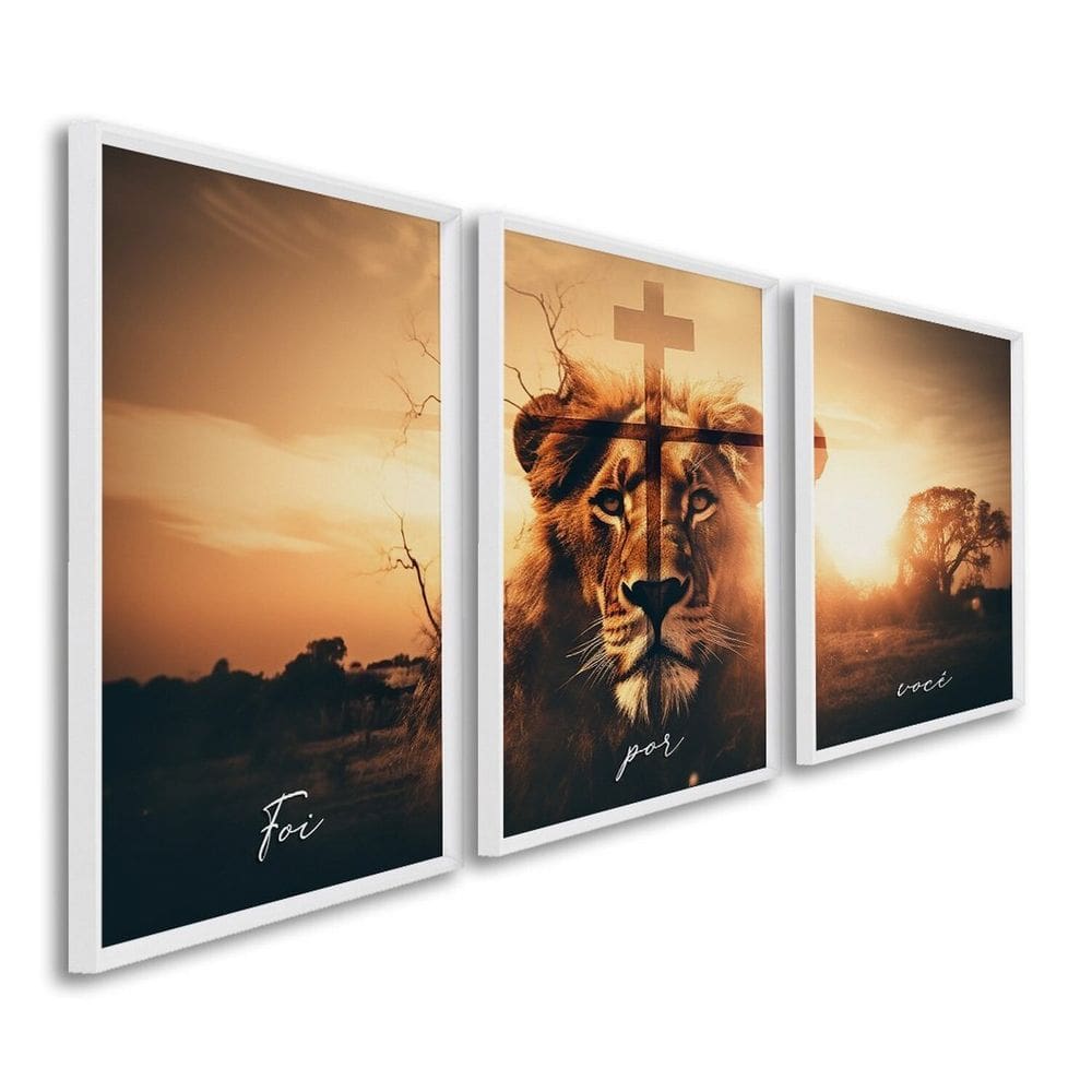 Quadro Decorativo Religioso Foi por Você Cruz e Leão com 3 Telas Cm de Parede para Escritório Banhei Branco