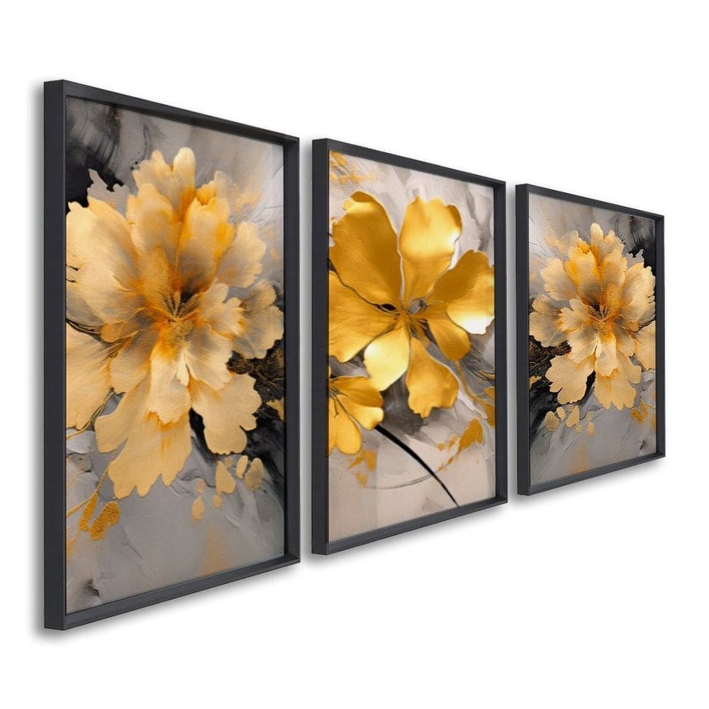 Quadro Decorativo Floral Amarelo com 3 Telas de Parede para Sala Quarto Escritório 60cm X 90cm Preto