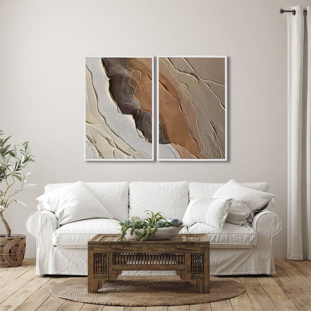 Quadro Decorativo Modelo Pedra Rachada com 2 Telas de Parede para Sala Quarto Escritório 60cm X 90cm Branco